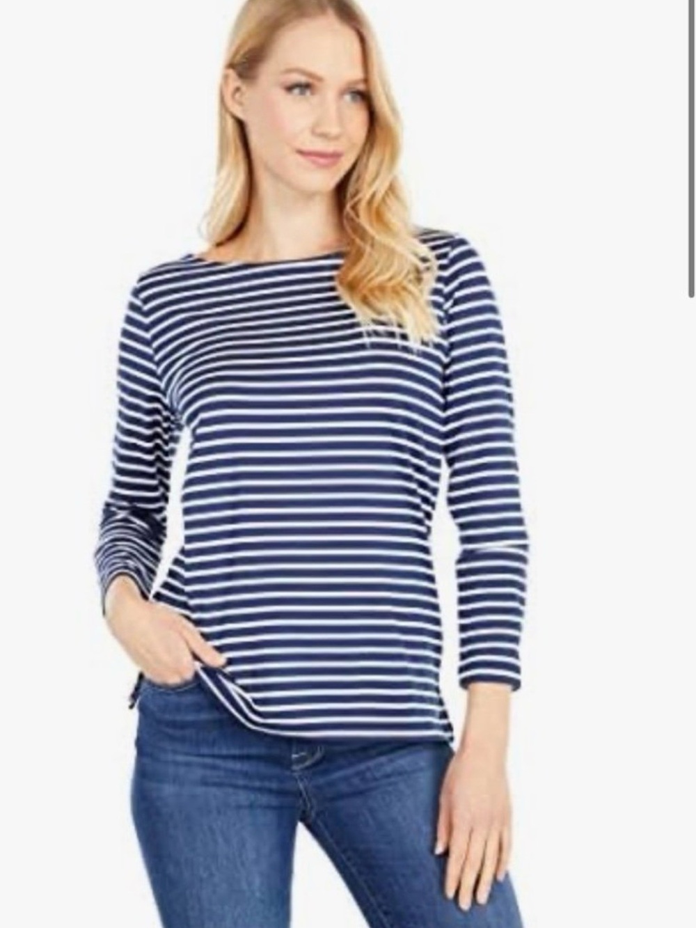 VINEYARD VINES Boatneck Striped 3/4 Length Sleeve Blue And White Nautical Top Lg